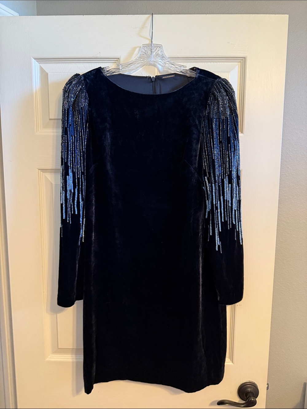 Elie Tahari Midnight Blue Velvet Dress with Beaded Sleeves